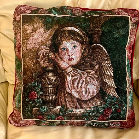 Christmas Tapestry Pillow Little Angel Girl Red Roses 16x16” by Donna Richardson - Picture 1 of 5